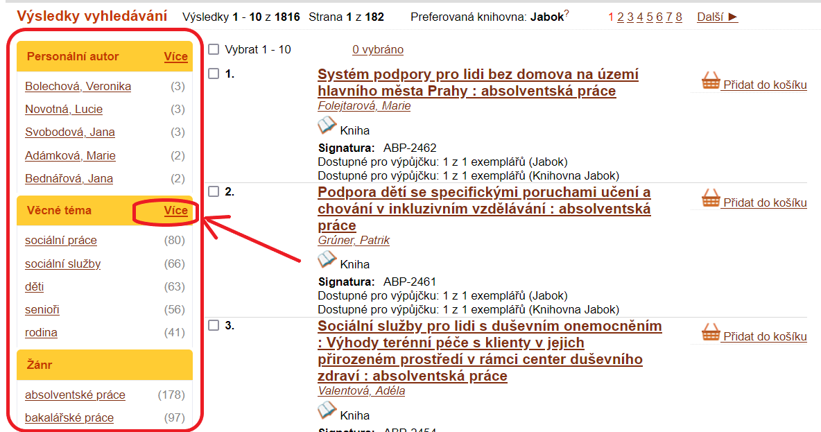 Zúžení dotazu pomocí nabídky v klíčových slov
